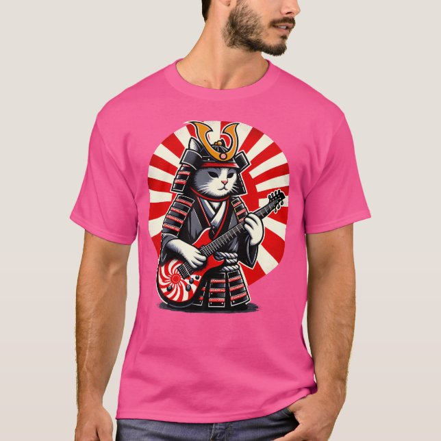 Camiseta Gato Samurai Japonés Jugando A La Guitarra Eléctri (Anverso)
