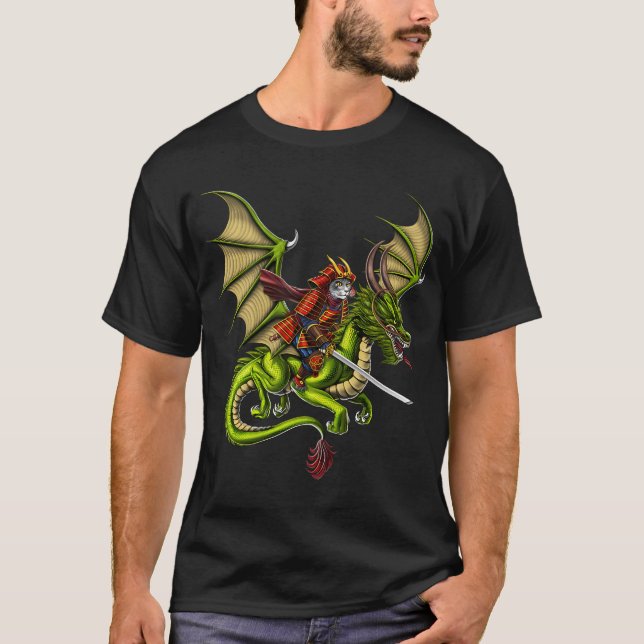 Camiseta Gato Samurái Japonés Montando Dragón (Anverso)