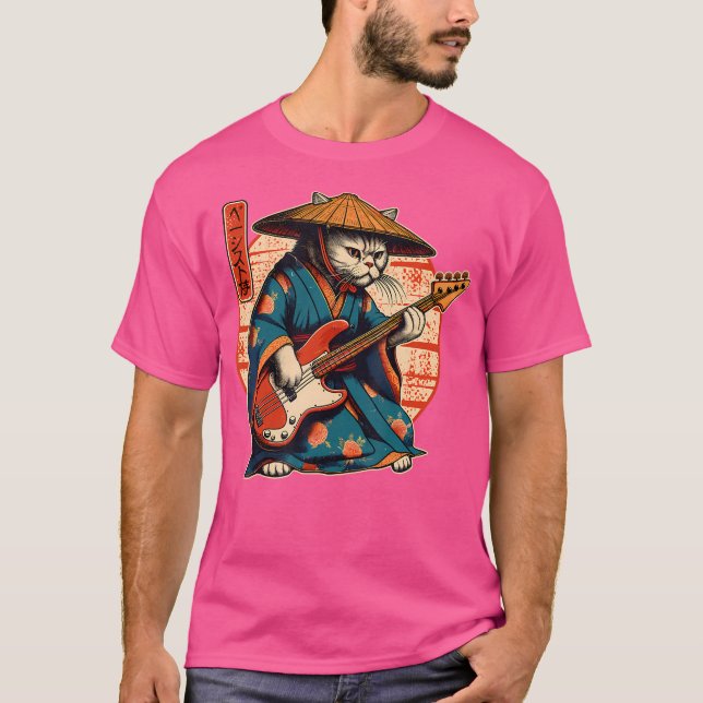 Camiseta Gato Samurái Japonés Tocando el Bajo (Anverso)