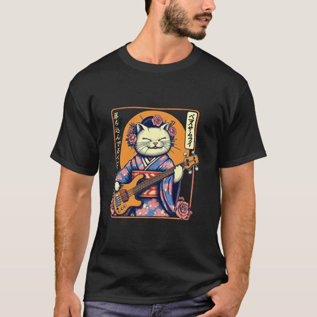 Camiseta Gato Samurái Japonés Tocando El Bajo (Anverso)