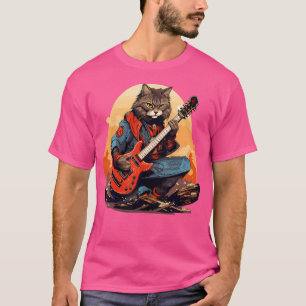 Camiseta Gato Samurai Japonés Tocando La Guitarra Eléctrica