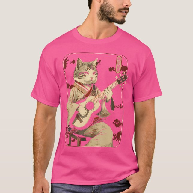 Camiseta Gato Samurai Japonés Tocando La Guitarra Eléctrica (Anverso)