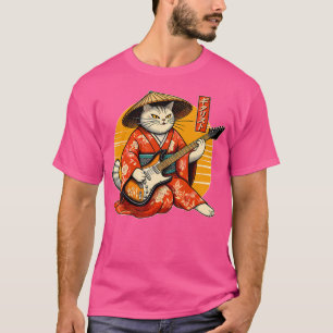 Camiseta Gato Samurai Japonés Tocando La Guitarra Eléctrica