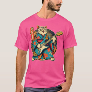 Camiseta Gato Samurai Japonés Tocando La Guitarra Eléctrica