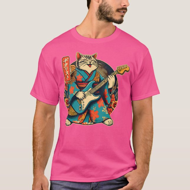 Camiseta Gato Samurai Japonés Tocando La Guitarra Eléctrica (Anverso)
