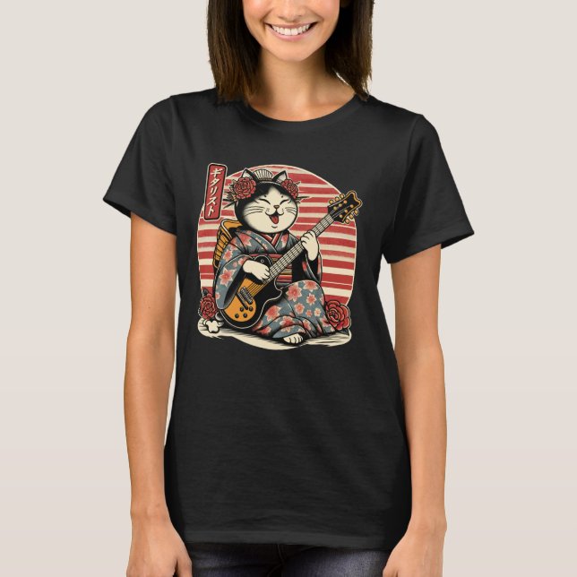Camiseta Gato Samurai Japonés Tocando La Guitarra Eléctrica (Anverso)