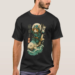 Camiseta Gato Samurái Montando Pez Koi Arte Fantástico