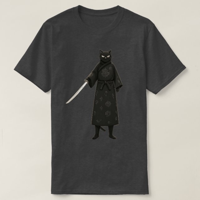 Camiseta Gato Samurái Negro Kimono Negro (Diseño del anverso)