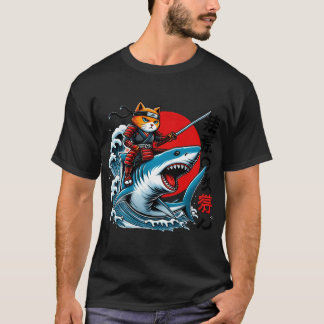 Camiseta Gato Samurái Ninja Arte Japonés Gato Tiburón Kanag