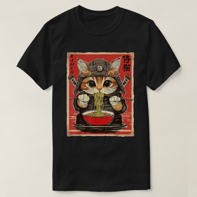 Camiseta Gato Samurai Ninja japonés comiendo fideos de Rame (Diseño del anverso)