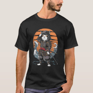 Camiseta Gato Samurái Ola Japonesa Arte Retro Gato Samurái