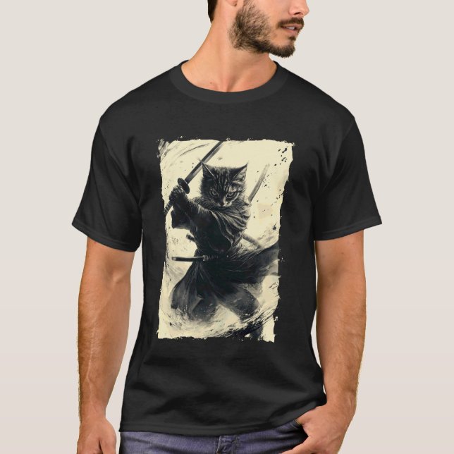 Camiseta Gato Samurái - Poder del Guerrero Japonés Katana (Anverso)
