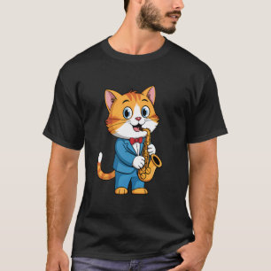 Camiseta Gato Saxofonista Tocando Saxofón Gatito Música de