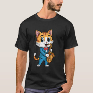 Camiseta Gato Saxofonista Tocando Saxofón Gatito Música de