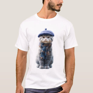 Camiseta Gato Scottish Fold Adorable con Boina Azul y Tejid