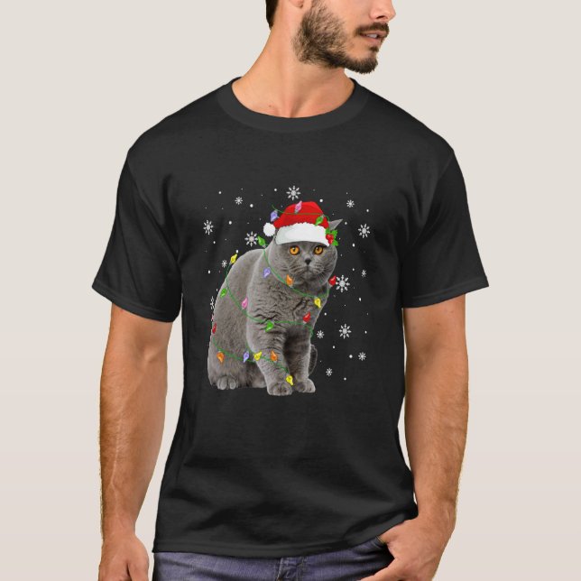 Camiseta Gato Scottish Fold Luces de Navidad Gorro de Santa (Anverso)