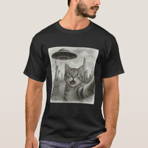 Camiseta Gato Selfie Con Invasión OVNI Alien Nueva York Gat