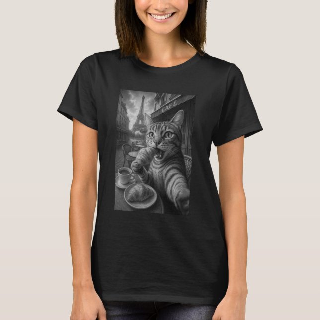 Camiseta Gato selfie en París comiendo croissant junto a la (Anverso)