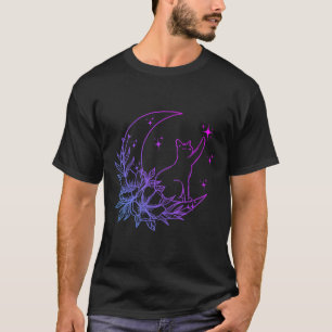 Camiseta Gato Sentado En Flores De Luna Creciente Estrellas