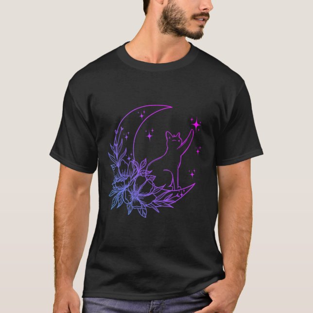 Camiseta Gato Sentado En Flores De Luna Creciente Estrellas (Anverso)