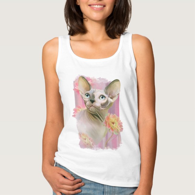 Camiseta Gato Sfinx en flores. (Anverso)