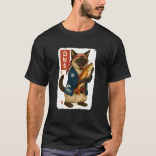 Camiseta Gato siamés japonés Kanji pez Japón amante de los