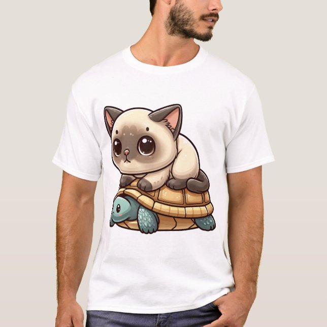 Camiseta gato siamés monta tortuga (Anverso)