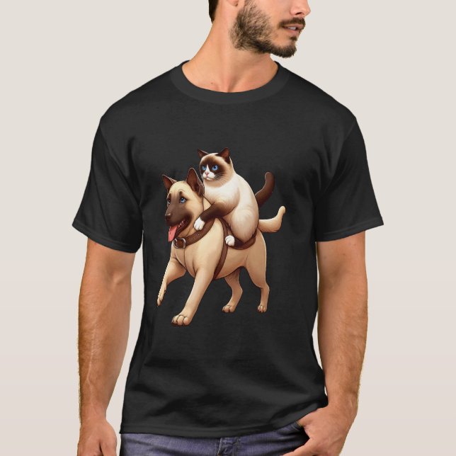 Camiseta Gato siamés montando un perro (Anverso)
