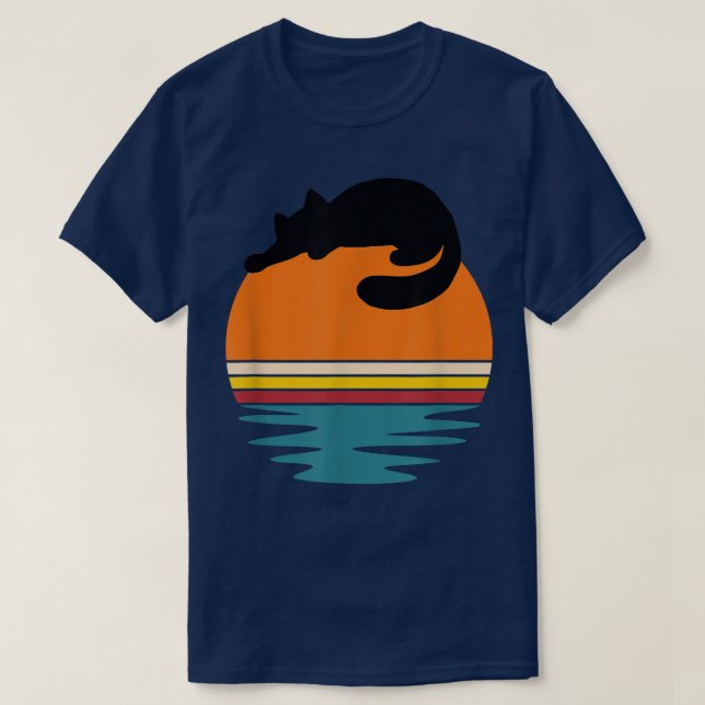 Camiseta Gato sobre el gato retro con el atardecer (Diseño del anverso)