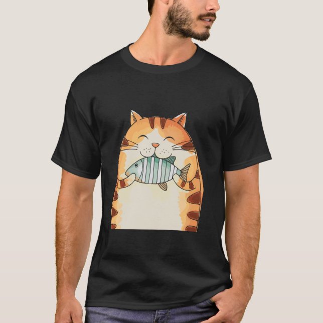 Camiseta Gato Sonriente Abraza a Pez Diversión (Anverso)