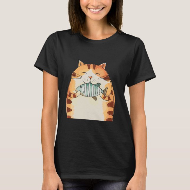 Camiseta Gato Sonriente Abraza Pez Diversión (Anverso)