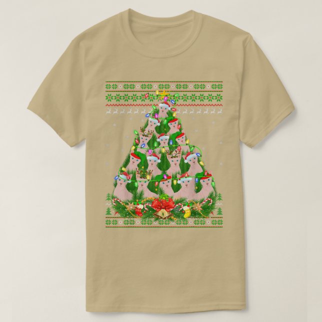 Camiseta Gato Sphyn Navidad árbol de luz Sphyn gato Cristo  (Diseño del anverso)