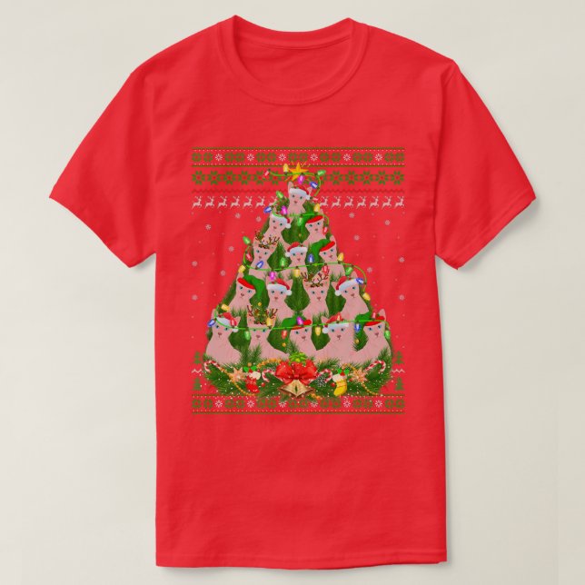 Camiseta Gato Sphyn Navidad árbol de luz Sphyn gato Cristo  (Diseño del anverso)