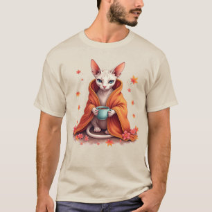 Camiseta Gato Sphynx Acogedor Envuelto en Manta con Café – 
