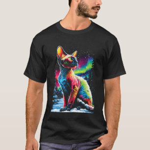 Camiseta Gato Sphynx Colorido Aurora Boreal Bosque Invernal