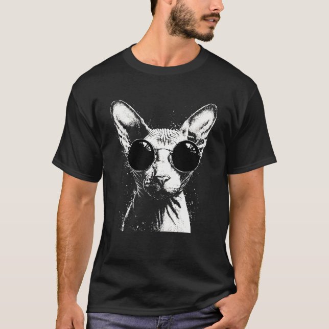 Camiseta Gato Sphynx con Gafas de Sol Arte Salpicado Blanco (Anverso)