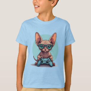 Camiseta Gato Sphynx Sosteniendo Controlador de Juego