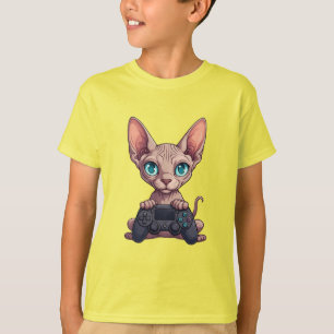 Camiseta Gato Sphynx Sosteniendo Controlador de Juego
