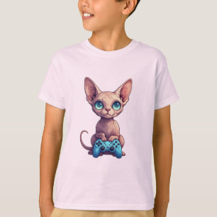 Camiseta Gato Sphynx sosteniendo un control de juego