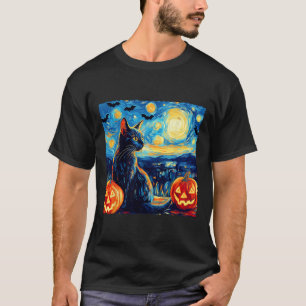 Camiseta Gato Starry Night Van Gogh Cat Lover Bats Pumpkins