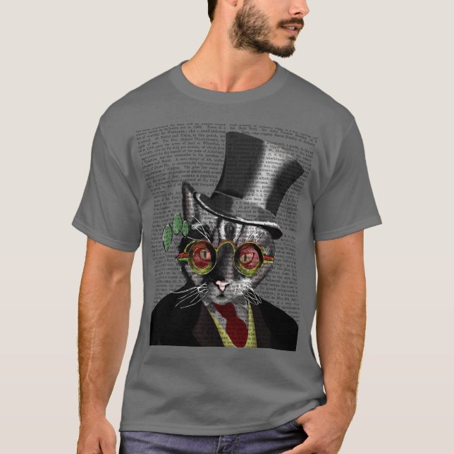 Camiseta Gato Steampunk - Sombrero superior y gafas amarill (Anverso)