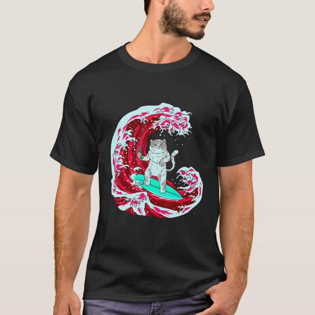 Camiseta Gato Surf Olas Y Comiendo Sushi (Anverso)