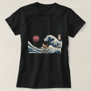 Camiseta Gato Surfista Gran Ola Arte Japonés