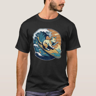 Camiseta Gato Surfista Retro Vintage Atardecer Playa Verano