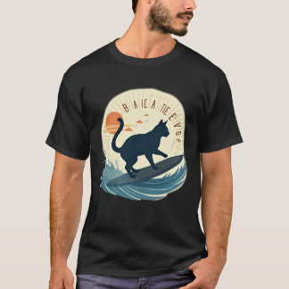 Camiseta Gato Surfista Silueta Abstracto Retro Olas de Play