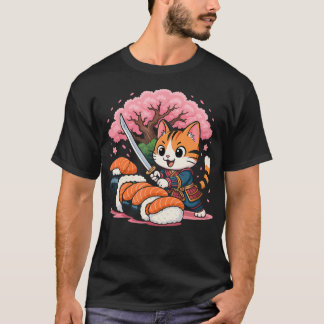 Camiseta Gato Sushi Samurái Kawaii Comida Japonesa Divertid