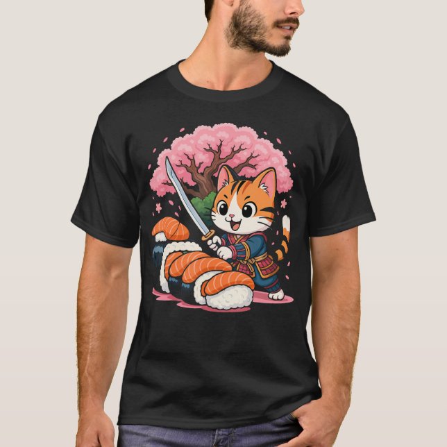 Camiseta Gato Sushi Samurái Kawaii Comida Japonesa Divertid (Anverso)