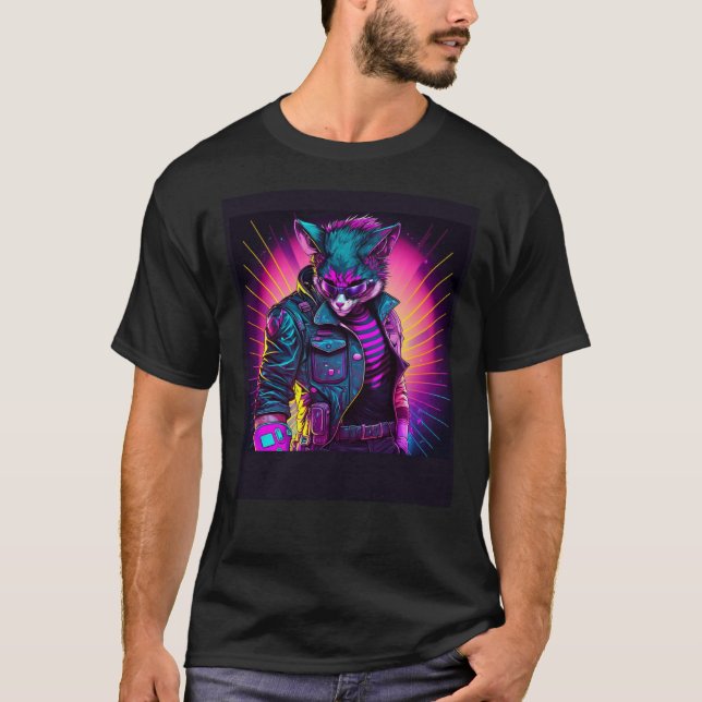 Camiseta Gato Synthwave Retro Vibración 80s (Anverso)