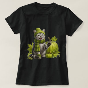Camiseta Gato Tabby de Otoño Acogedor Arte de Calabaza Verd