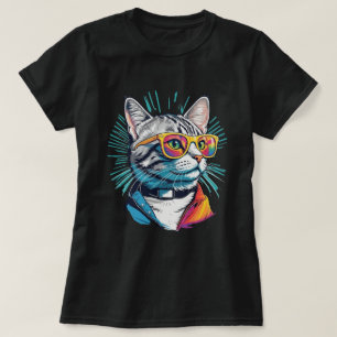 Camiseta Gato Tabby de Rock Punk Gafas de Sol Chaqueta